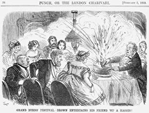 Exploding Gallery: Grand Burns Festival. - Brown Entertains his Friend wi a Haggis!, 1859. Artist: John Leech