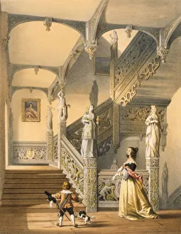 Grand Elizabethan staircase, Aldermaston, Berkshire. Creator: Joseph Nash (1809-78) Grand Elizabethan staircase, Aldermaston, Berkshire. Creator: Joseph Nash (1809-78)