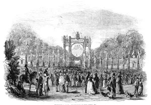 Lascelles Prints: Grand festivities at Harewood House: triumphal arch - procession of tenantry etc, 1845