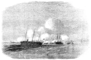 Gunboat Prints: The Grand Naval Review, at Spithead: Gun-Boats attacking Southsea Castle - sketched by E