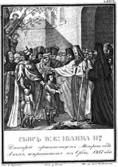 Dimitri Donskoy Gallery: Grand Prince Dmitry Ivanovich welcome Metropolitan Alexis. 1357 (From Illustrated Karamzin), 1836