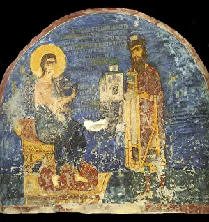 Ancient Russian Frescos Gallery: Grand Prince Yaroslav II Vsevolodovich with model of the Nereditsa Church before Christ