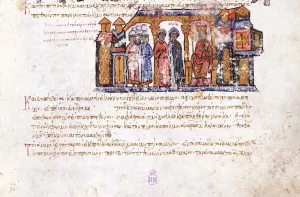 Grand Princess Olga visiting Constantine VII (Miniature from the Madrid Skylitzes), 11th-12th centur Artist: Anonymous Grand Princess Olga visiting Constantine VII (Miniature from the Madrid Skylitzes), 11th-12th centur Artist: Anonymous
