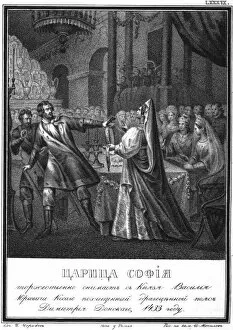 Old Russia Gallery: Grand Princess Sofia pulls the golden belt from Prince Vasili the Cross-Eyed