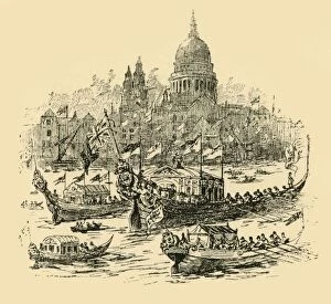 Darton And Co Gallery: A grand procesiion of decorated barges from Whitehall to Limehouse, (1907). Creator: Unknown