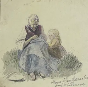 Sitting On Ground Prints: Grandmother sewing, and child, 1860. Creator: Hugo Kauffmann