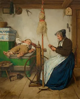 Spinner Prints: Grandmother at a spinning wheel and a sleeping boy on an oven bench, 1883