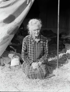Okie Prints: Grandmother of twenty-two children, from a farm in Oklahoma, 1936. Creator: Dorothea Lange