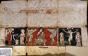 Granting of indulgences to Virgin de la Rodona of Vic, parchment with an illustration