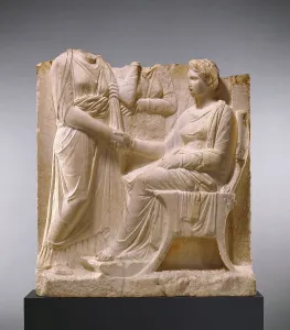Gravestone Prints: Grave Naiskos of a Seated Woman with Two Standing Women, about 340 BC. Creator: Unknown