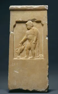 Gravestone Prints: Grave Stele of Moschion with his Dog, about 375 BC. Creator: Unknown