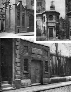 Rotherhithe Prints: Three graveyard watch houses, London, 1926-1927. Artist: Whiffin