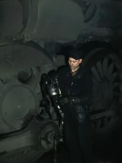 Railroad Shop Prints: Greasing a locomotive in the roundhouse at Proviso (?) yard