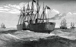 Great Eastern Gallery: The Great Eastern playing out the Atlantic telegraph cable, c1865, (c1880)