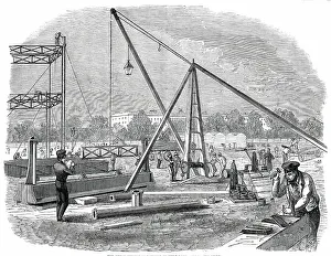 The Great Exhibition Building in Hyde Park - Unloading Girders, 1850. Creator: Unknown