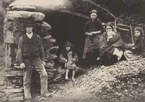 Great Hunger Prints: The Great Famine. A family at the ruins of their house in Killarney, 1888