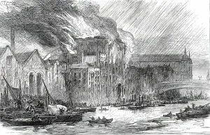 Warehouses Prints: The Great Fire at Brooks's Wharf, Queenhithe, 1876. Creator: Unknown