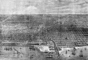 Birds Eye View Prints: The Great Fire at Chicago: bird's-eye view of the city, 1871. Creator: Unknown