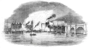London Bridge Gallery: The Great Fire near London Bridge, view of the fire from the river, 1843