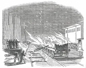 Great Fire at the Southern and Western Railway Station, Cork, 1850. Creator: Unknown
