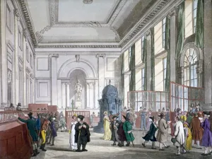 Augustus Charles Prints: The Great Hall at Bank of England, City of London, 1809; with customers. and employees