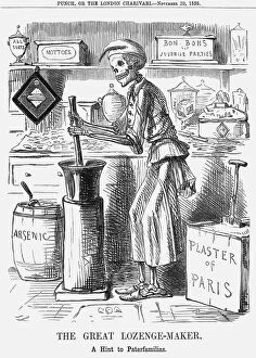Barrels Collection: The Great Lozenge-Maker. A Hint to Paterfamilias, 1858. Artist: John Leech
