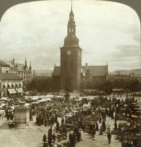 Oslo Prints: The Great Market around statue Christian IV, Christiania, Norway, c1905