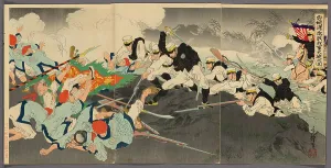 Oban Triptych Prints: Great Victory of Our Troops at the Fierce Battle of the Ansong Ford (Anjo no watashi)
