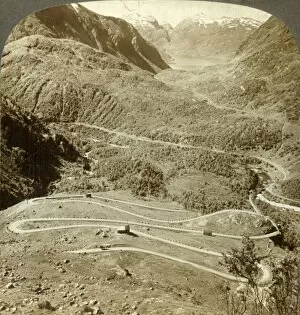 Winding Gallery: Great zigzag loops of road descending from Dyreskard Pass - west to Roldal Lake, Norway, c1905