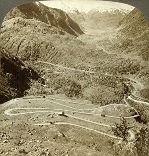 Hordaland Prints: Great zigzag loops of road descending from Dyreskard Pass - west to Roldal Lake
