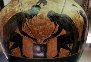 Greek Amphora, detail of Achilles and Ajax playing a game, c6th century BC. Artist: Exekias Greek Amphora, detail of Achilles and Ajax playing a game, c6th century BC. Artist: Exekias
