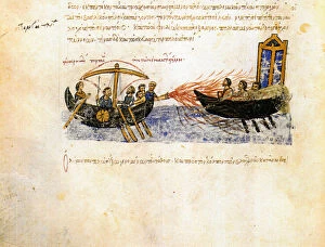 Kievan Rus Gallery: Greek fire. Miniature from the Madrid Skylitzes, 11th-12th century. Artist: Anonymous