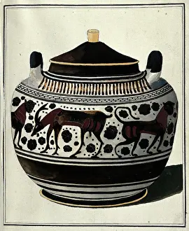 Black Figure Prints: Greek lidded vessel (Corinthian lebes gamikos ?) decorated with a frieze of stylised