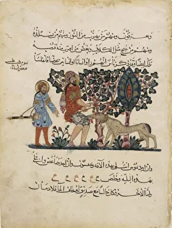 Gold Colour On Paper Prints: Greek physician Erasistratos with an Assistant (Folio from an Arabic translation of the Materia Medica by Dioscorides)