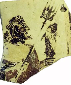 Black Figure Collection: A Greek pottery fragment with the image of Poseidon