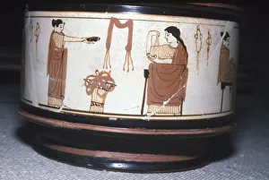 Make Up Prints: Greek Pyxis, (Cosmetic Box), Women performing domestic tasks, Athens, c460BC-450 BC