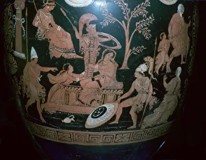 Greek red-figured volute krater with scene from the sack of Troy, 4th century BC. Artist: Illupersis Painter Greek red-figured volute krater with scene from the sack of Troy, 4th century BC. Artist: Illupersis Painter