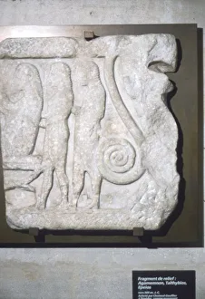Greek relief, Agamemnon seated left with Talthybis and Epeios, c5th century BC Greek relief, Agamemnon seated left with Talthybis and Epeios, c5th century BC