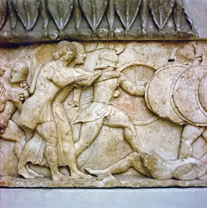 Greek relief detail, Battle of Gods and Giants, Apollo and Artemis fight, 525BC Greek relief detail, Battle of Gods and Giants, Apollo and Artemis fight, 525BC