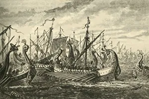 Ahaseurus Gallery: Greek Triremes at the Battle of Salamis, 1890. Creator: Unknown
