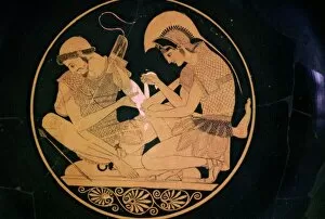 Trojan Wars Gallery: Greek vase painting of Achilles and Patroclus. Artist: Sosias