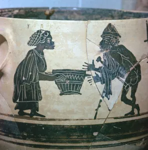 Witchcraft Collection: Detail of a Greek vase showing Odysseus and Circe, 5th century BC