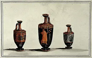 Palm Leaf Prints: Three Greek wine-jugs (oinochoes); left and right vases decorated with palms; middle