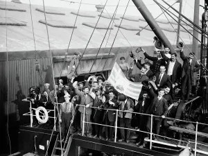 Greeks departing on Madonna, 1912. Creator: Bain News Service