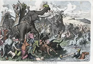 Images Dated 17th May 2016: Greeks with elephants fighting against Dacians and Sarmatians, engraving 1865