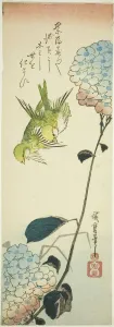 Chutanzaku Prints: Green birds and hydrangeas, 1830s. Creator: Ando Hiroshige