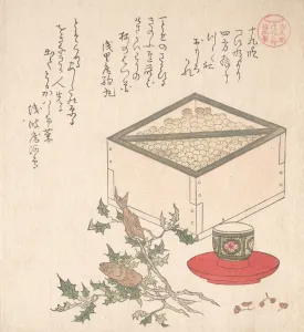 Peas Prints: Green Peas in a Measure and Sprays of Hollyhock with Heads of Sardines... 19th century
