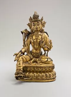 Copper Alloy Collection: Green Tara, Seated in Pose of Royal Ease (Lalitasana), with Lotus Stalks on Right