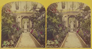 Stereoscopy Prints: Greenhouse with sculpture at entrance, about 1865. Creator: Unknown