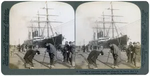 Greeting for newcomers on the pier alongside the Pacific Mail SS China, Yokohama, Japan, 1904. Artist: Underwood & Underwood